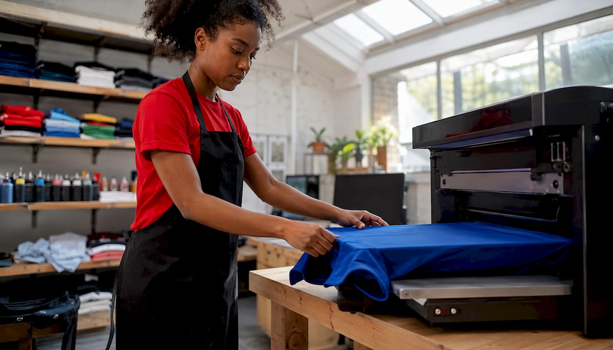 Operator setting up T-shirt for DTG printing