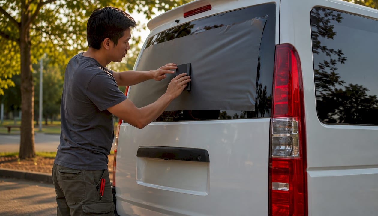 Man applying vinyl sticker to delivery van window