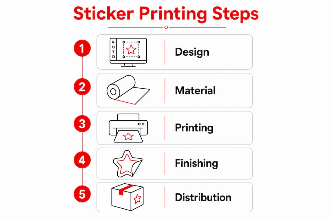 Infographic showing steps of promotional sticker printing guide