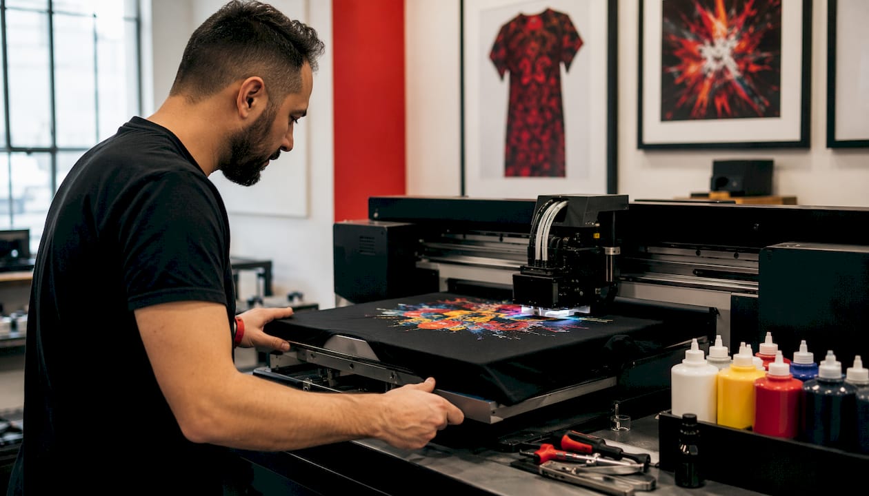 Hands operating direct-to-garment printer on t-shirt