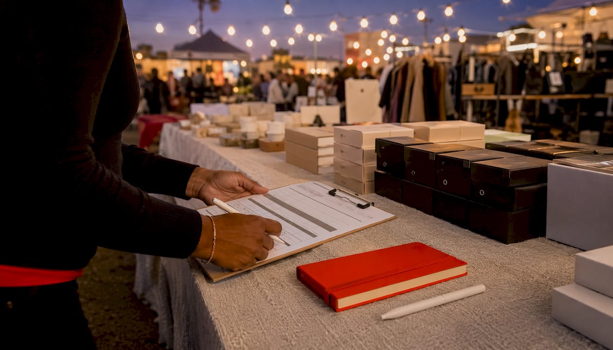 Hands updating inventory spreadsheet at booth