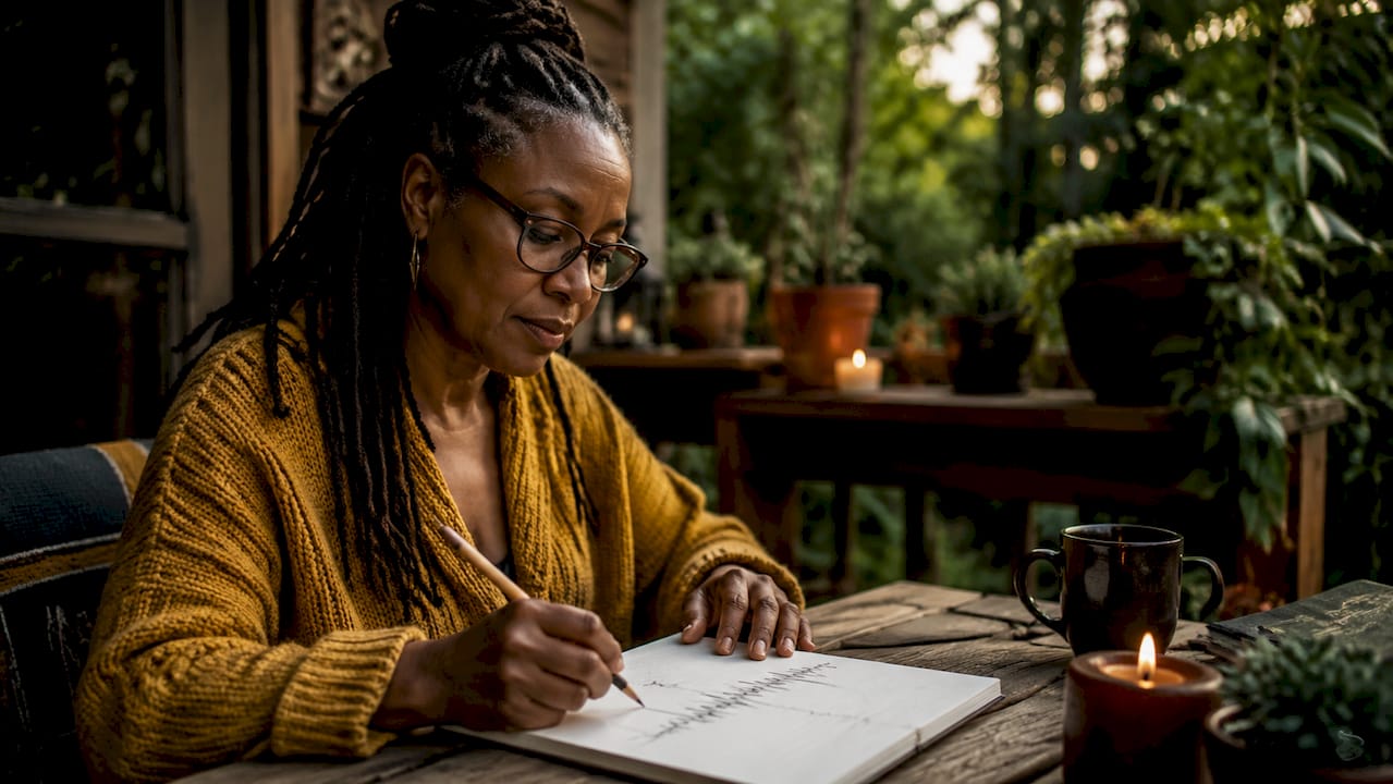 Woman sketching brainwave patterns at desk