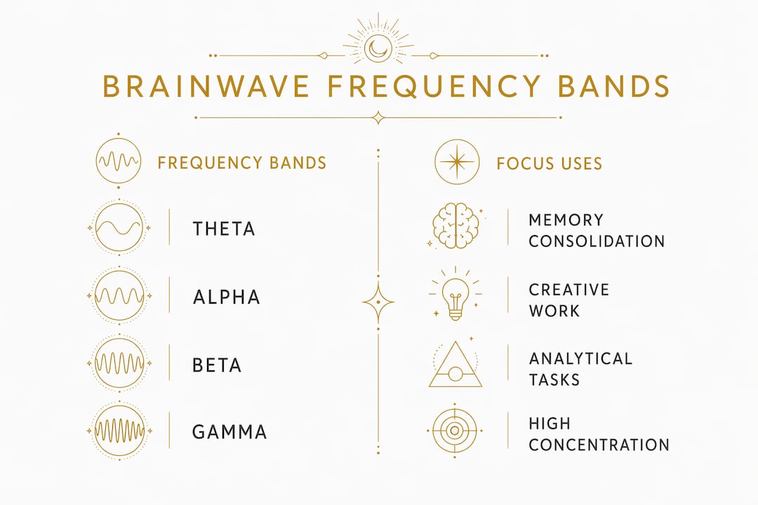 Infographic comparing brainwave frequency bands and focus uses