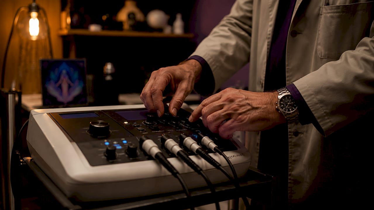 Hands adjusting electromagnetic therapy machine controls