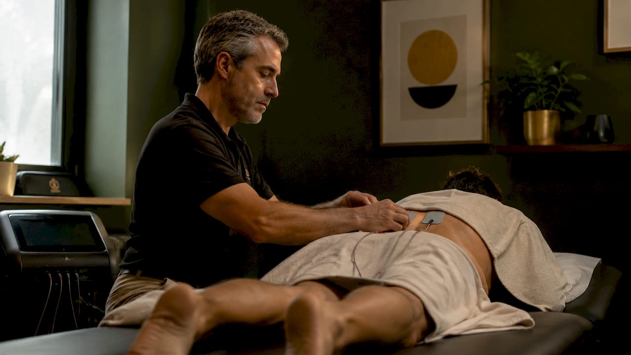 Physical therapist administering medium-frequency therapy
