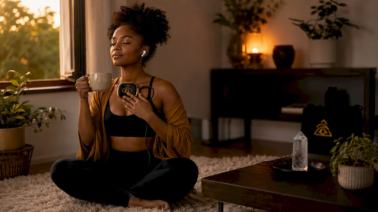 Woman using qi coil for morning energy session