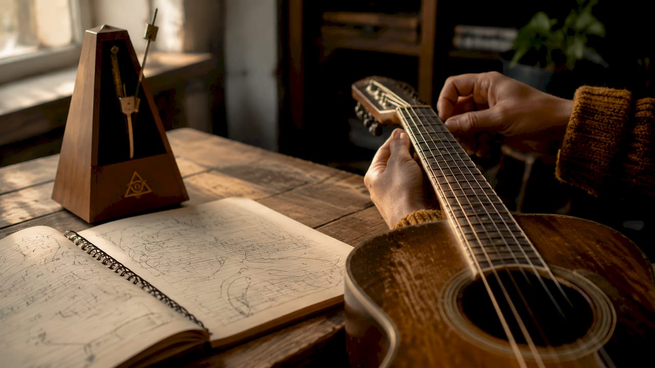 Hands tuning guitar strings with harmonic series chart