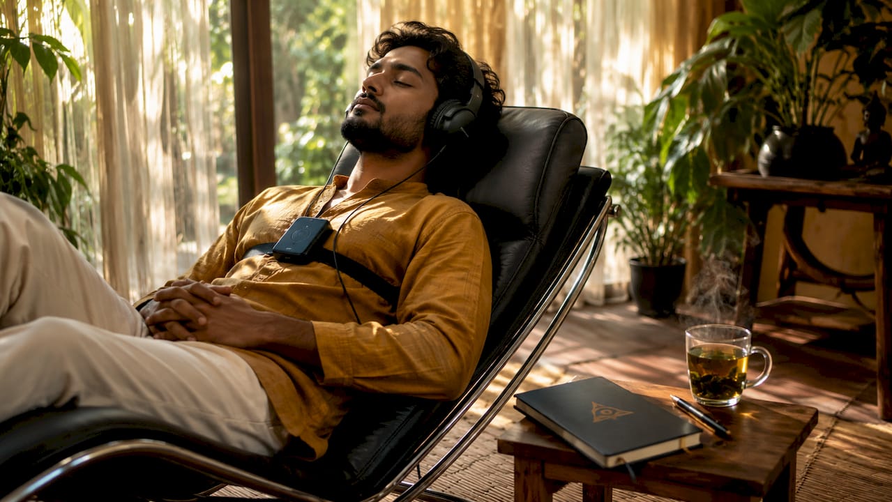 Man using brainwave entrainment therapy at home