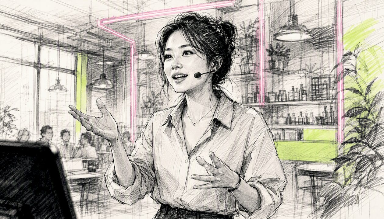 Presenter delivering live webinar with neon lighting