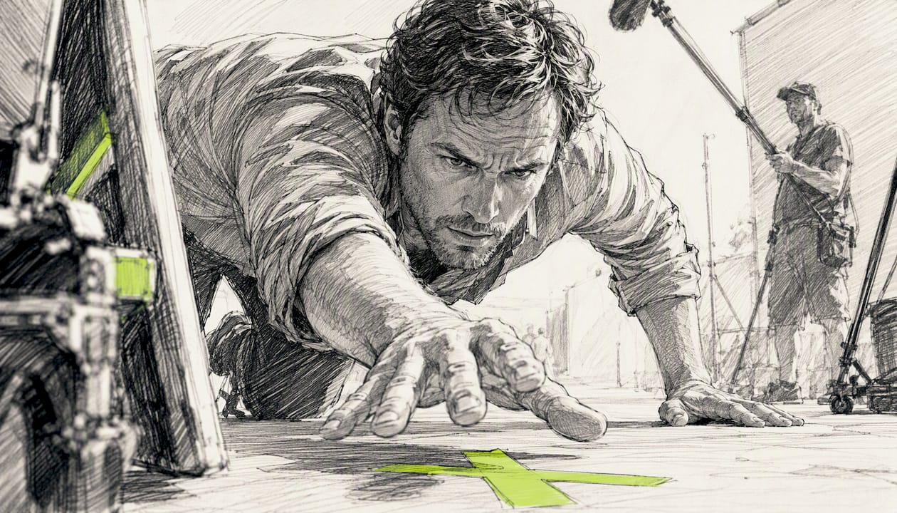 Actor hitting mark exactly on film set floor