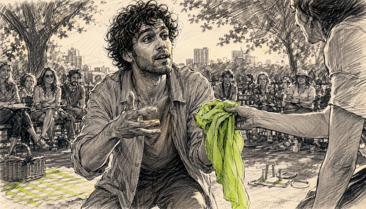 Actor improvising with prop outdoors