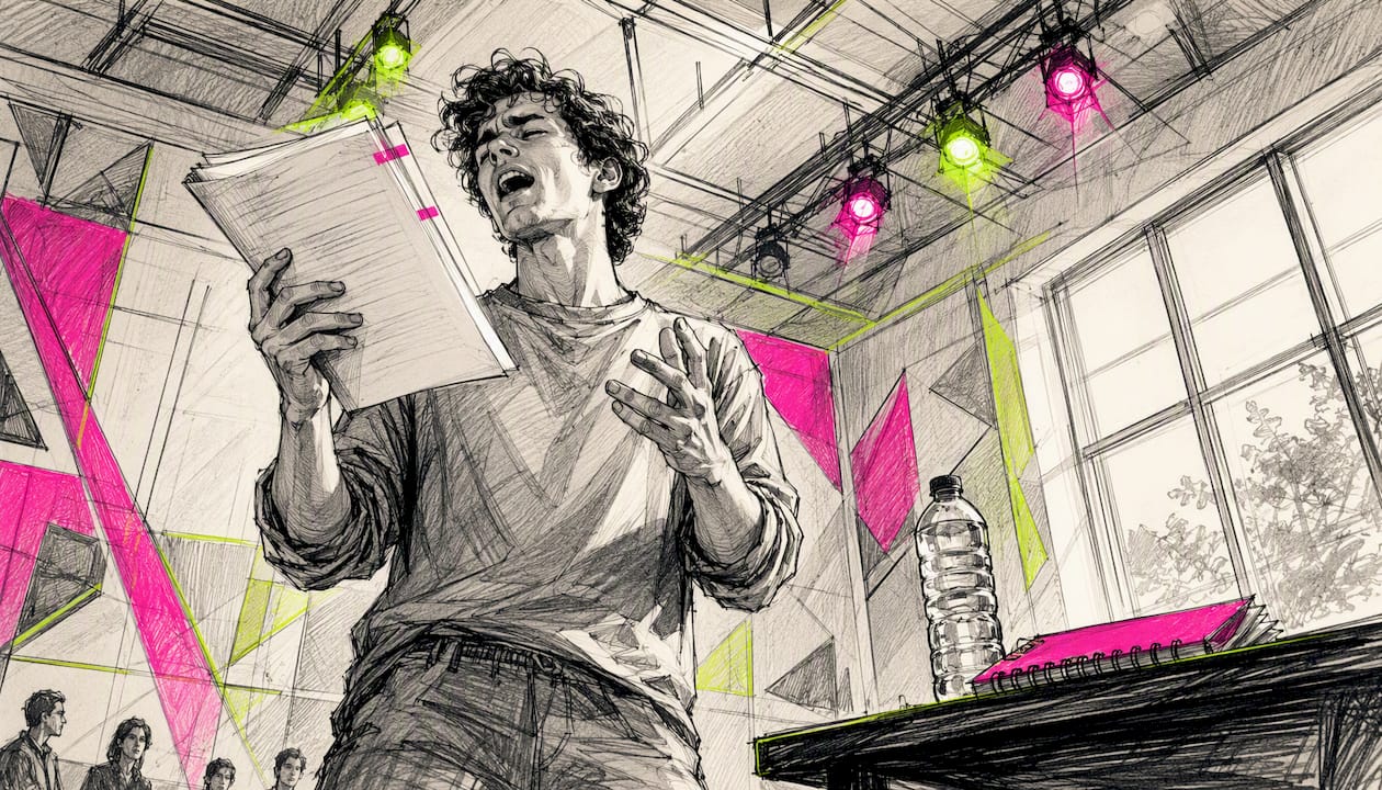 Actor reading script aloud in rehearsal studio