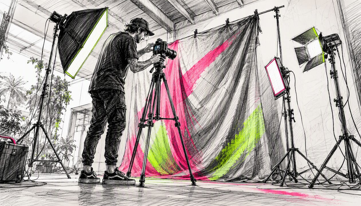 Presenter setting up camera and lighting