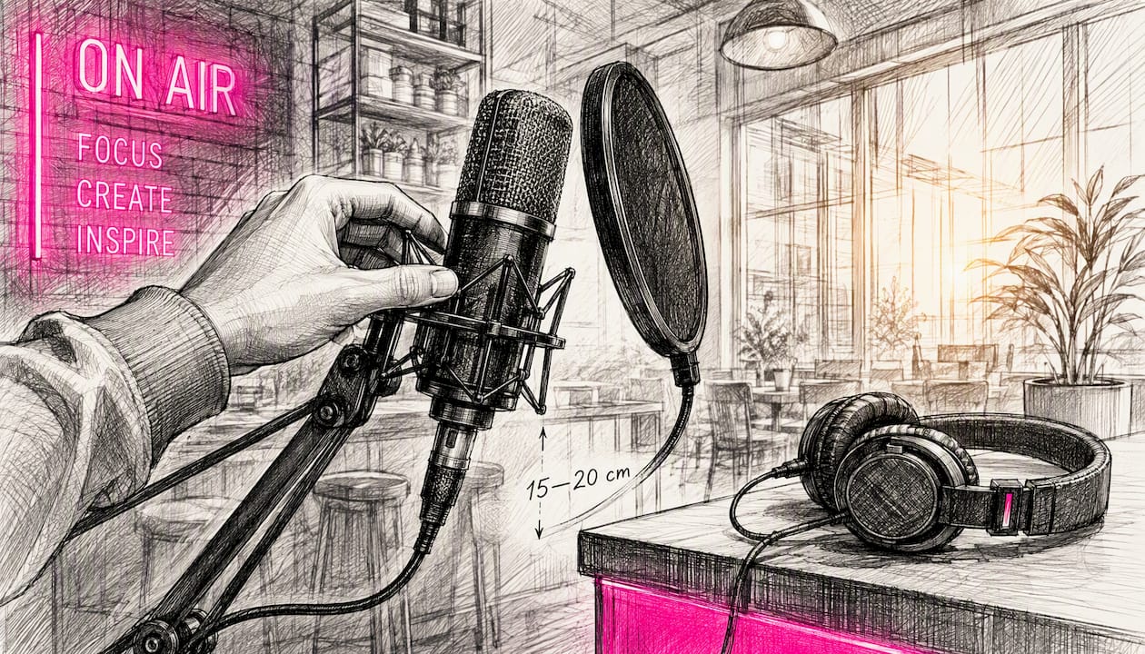 Close-up of microphone setup with pop filter