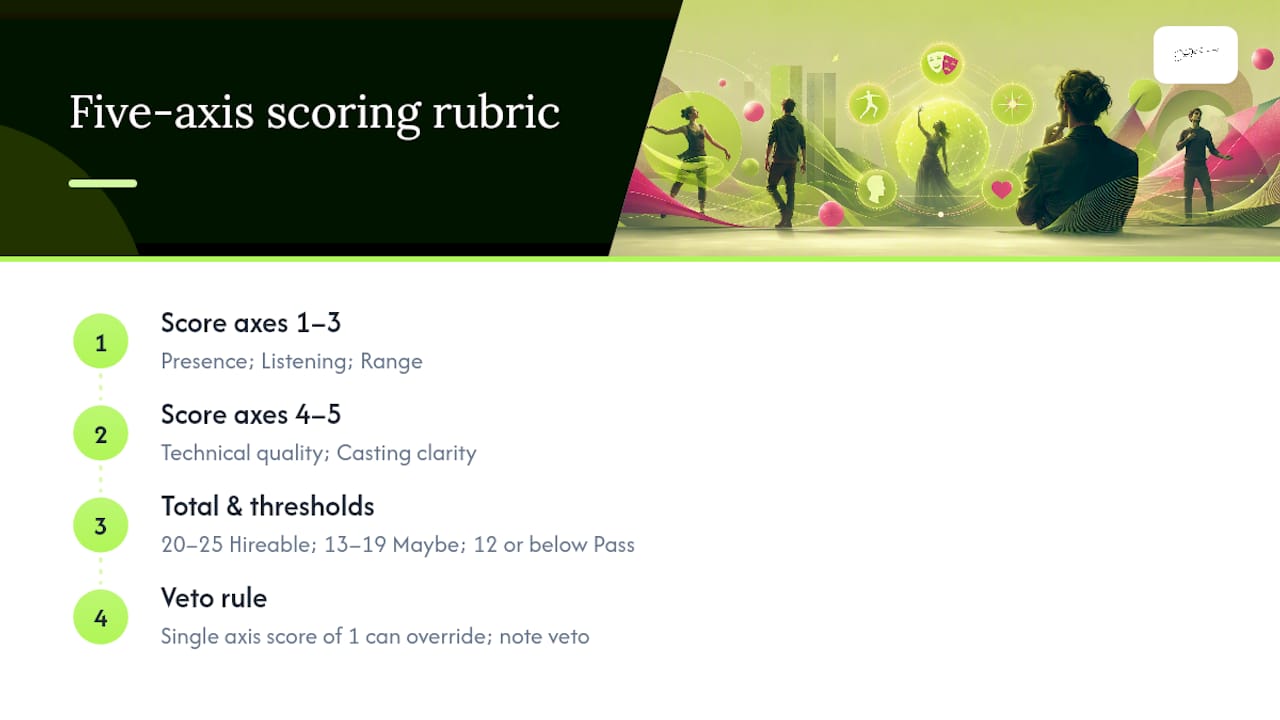Diagram of five-axis scoring rubric for actor reels