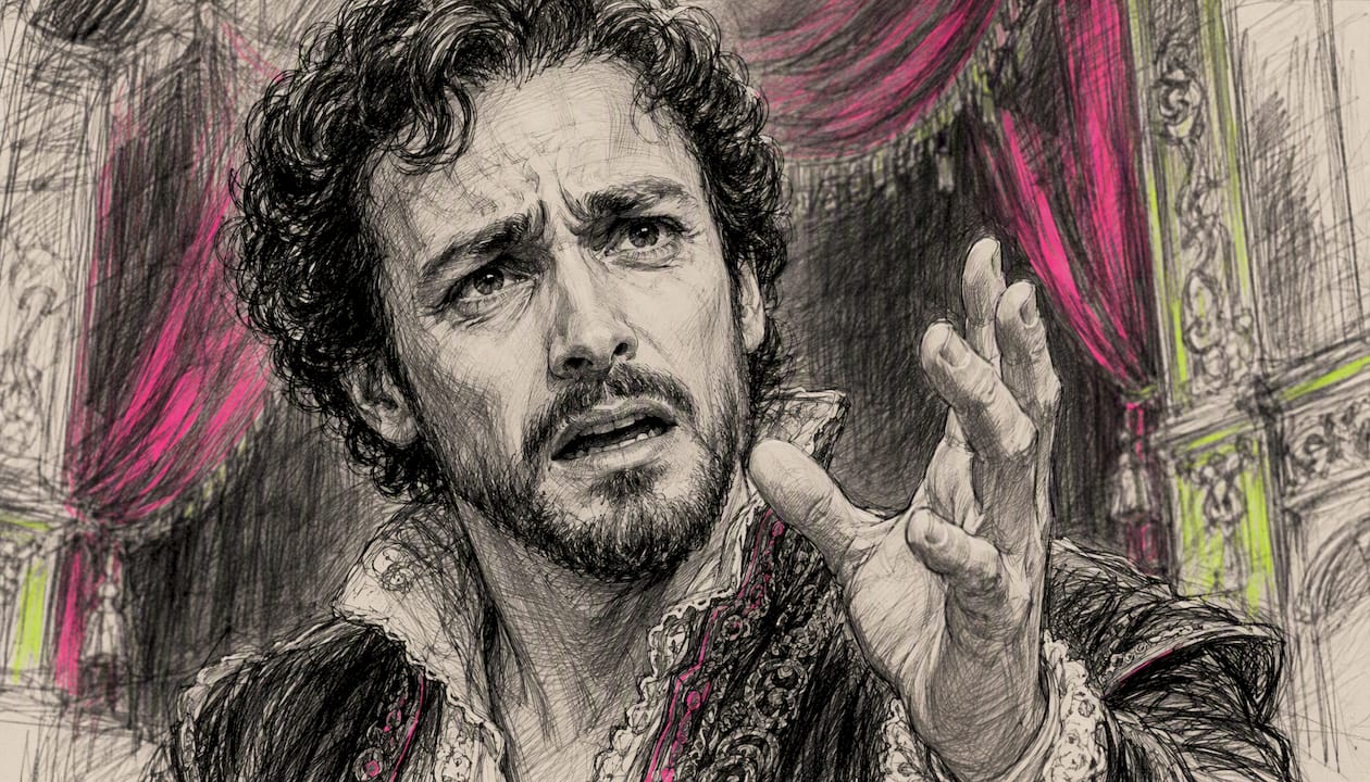 Actor performing classical play on stage