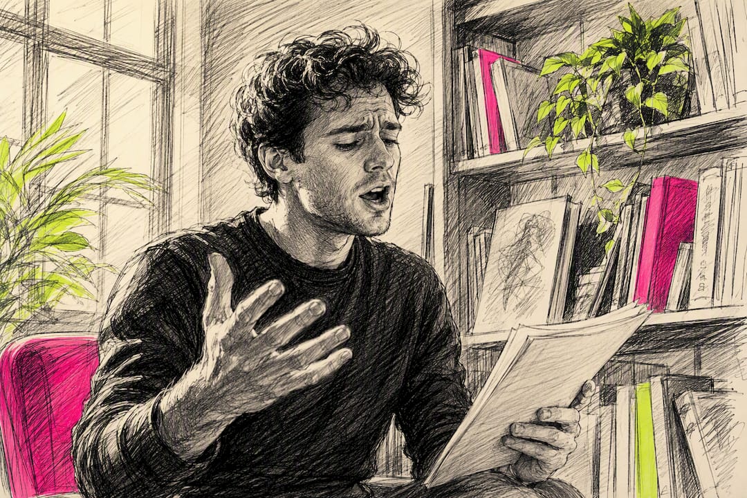 Actor practicing monologue at home