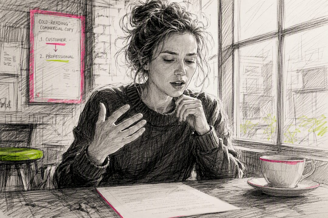 Actor cold-reading commercial copy aloud