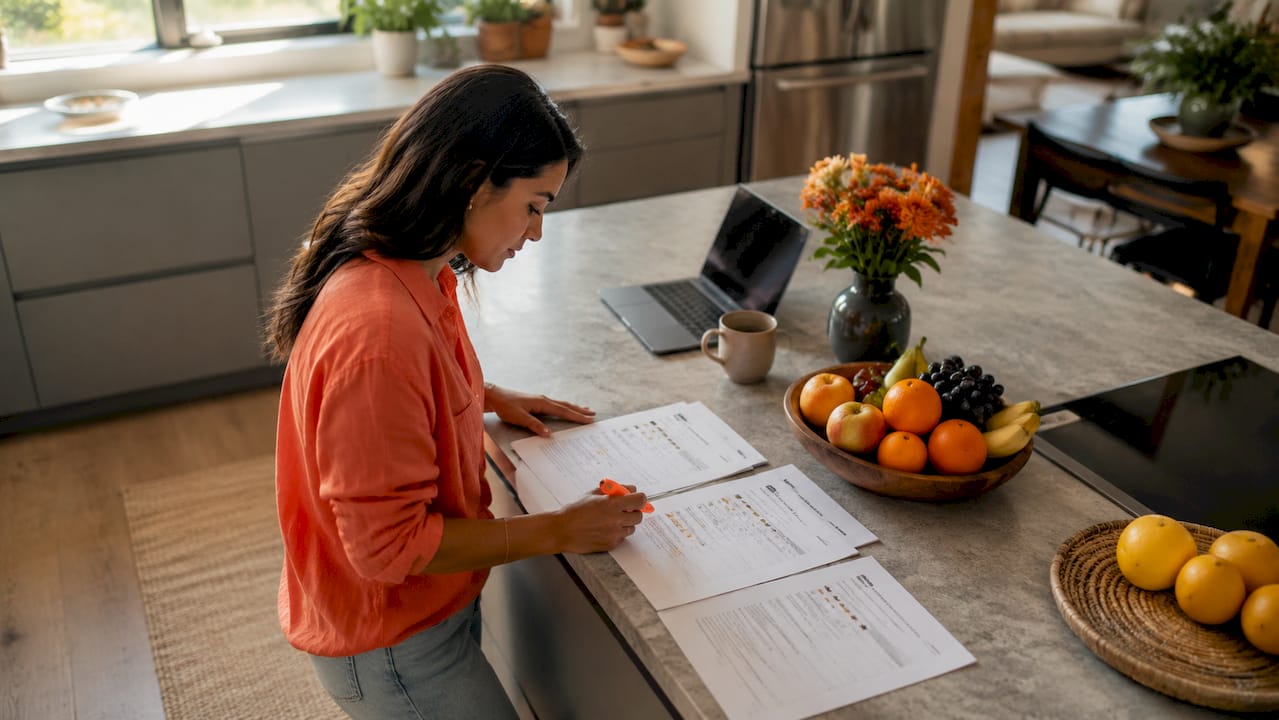 Agent reading printed reviews in home office