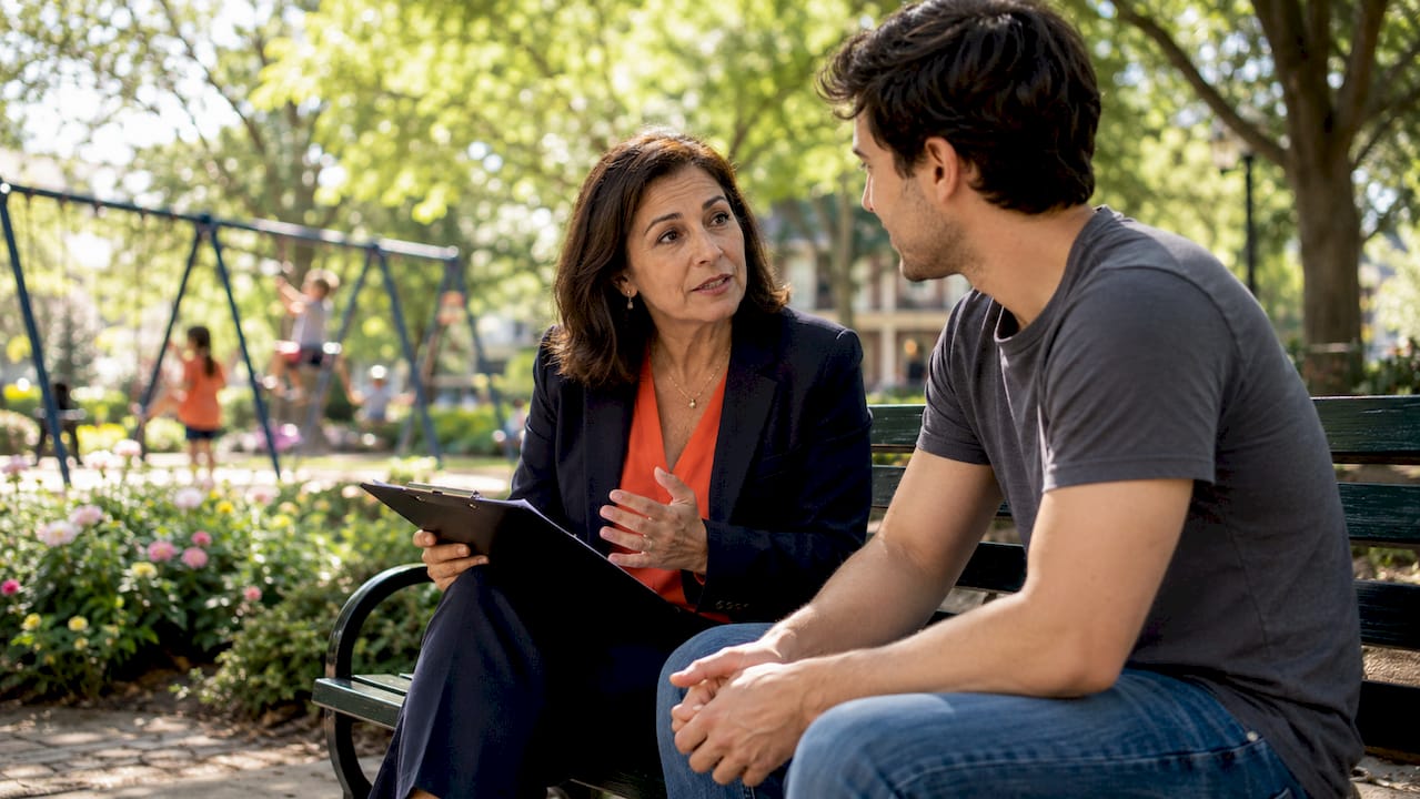 Realtor explaining local market to client outdoors