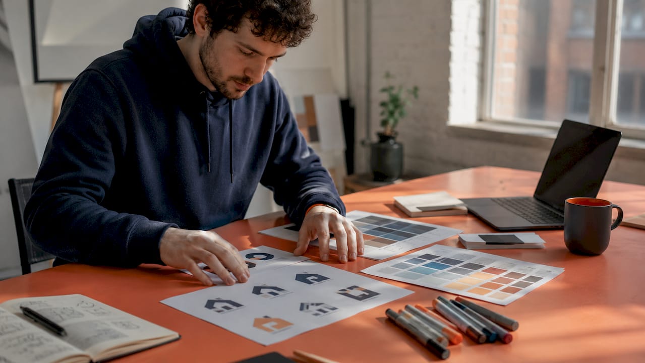 Hands arranging branding visual identity materials