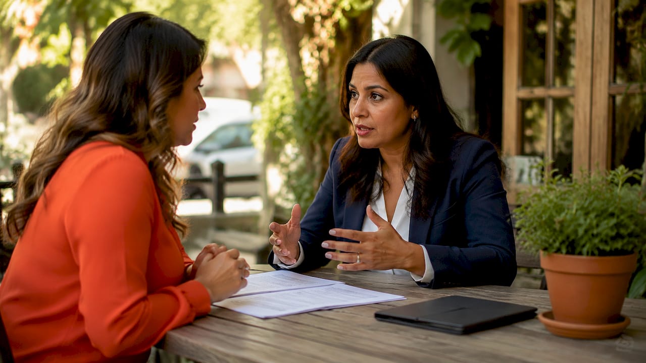 Two women discussing home sale negotiations