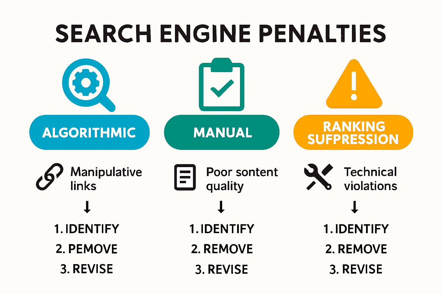 Infographic showing types and recovery steps of search engine penalties