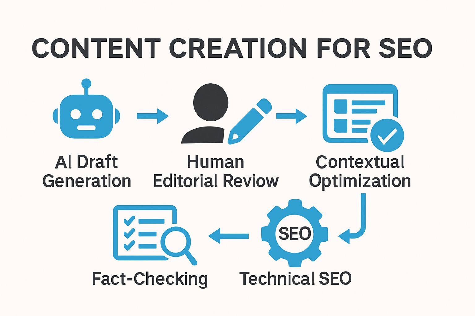 Infographic showing workflow of human and AI collaboration in SEO content creation