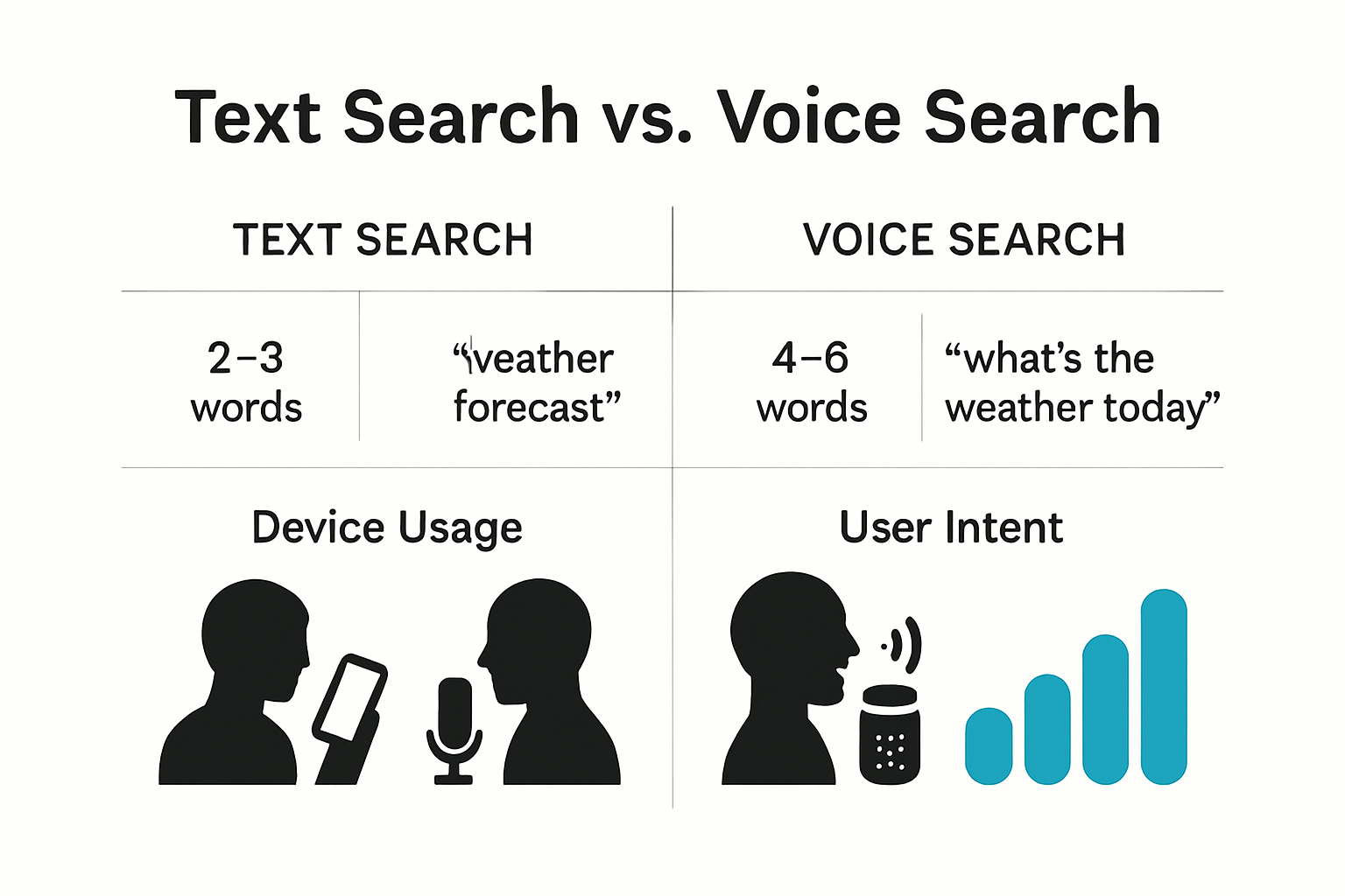Infographic comparing text and voice search behaviors and technologies