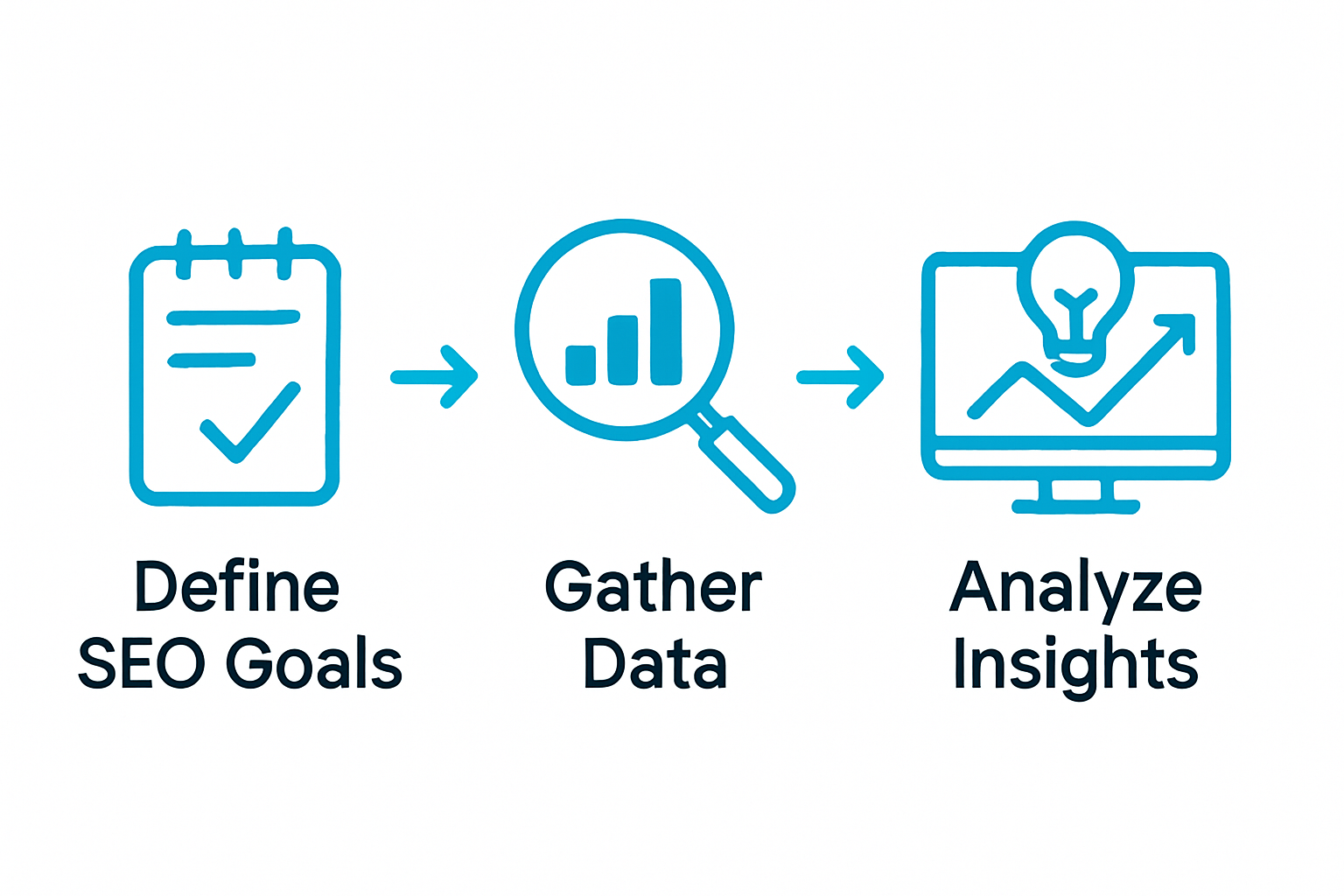 Three-step SEO reporting process from goals to insights