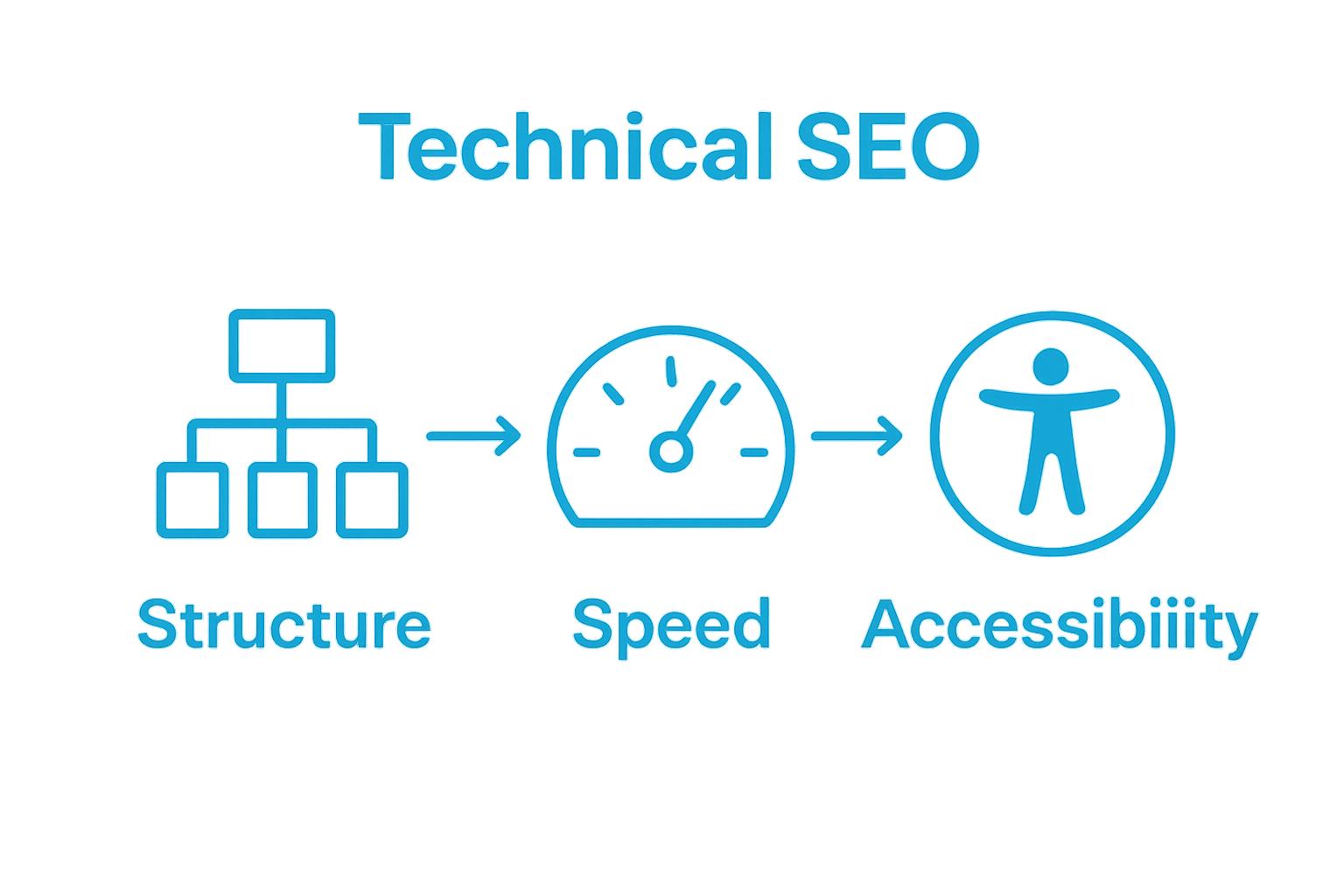 Three key pillars of technical SEO—structure, speed, and accessibility—visualized with simple icons