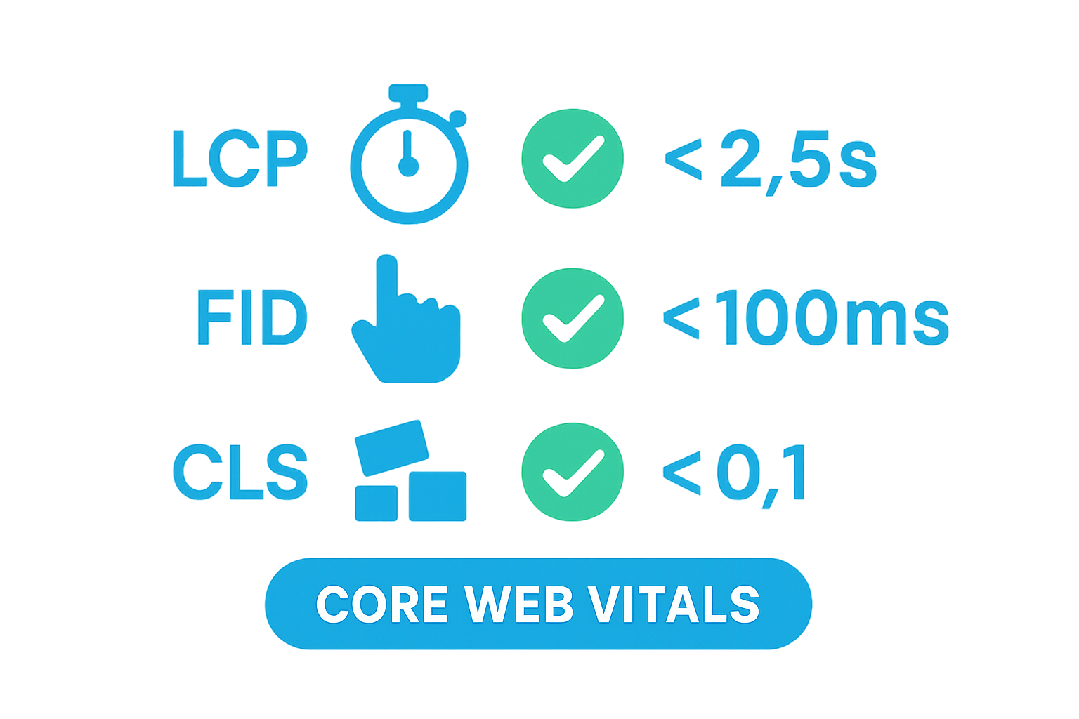 Infographic comparing LCP, FID, and CLS Core Web Vitals metrics and ideal thresholds