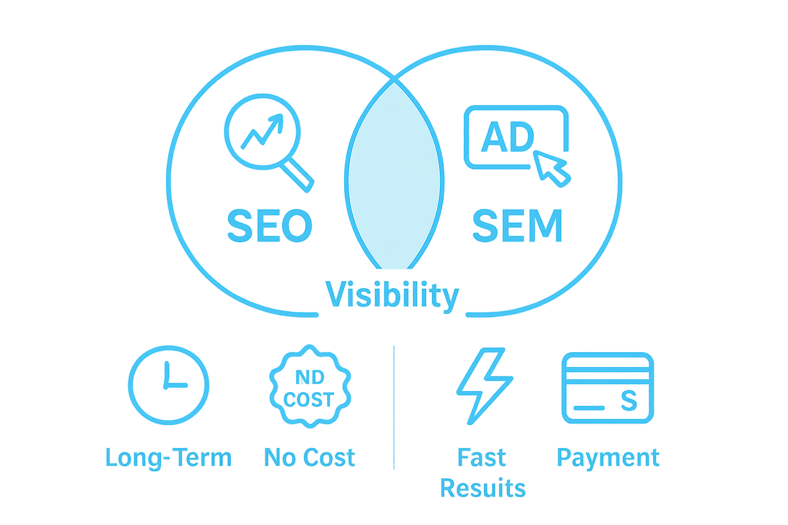 SEO versus SEM comparison infographic with icons for search, ads, visibility, cost, and speed