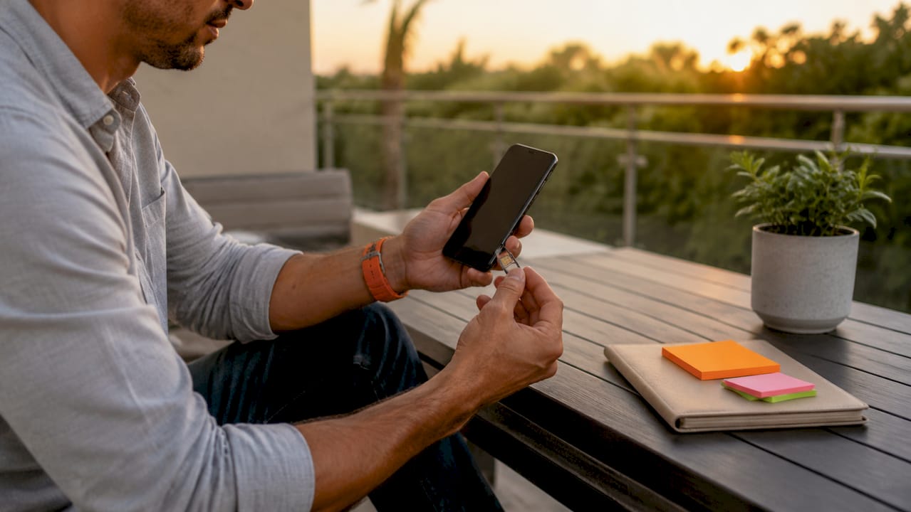 Hands swapping SIM cards on smartphone at kitchen table