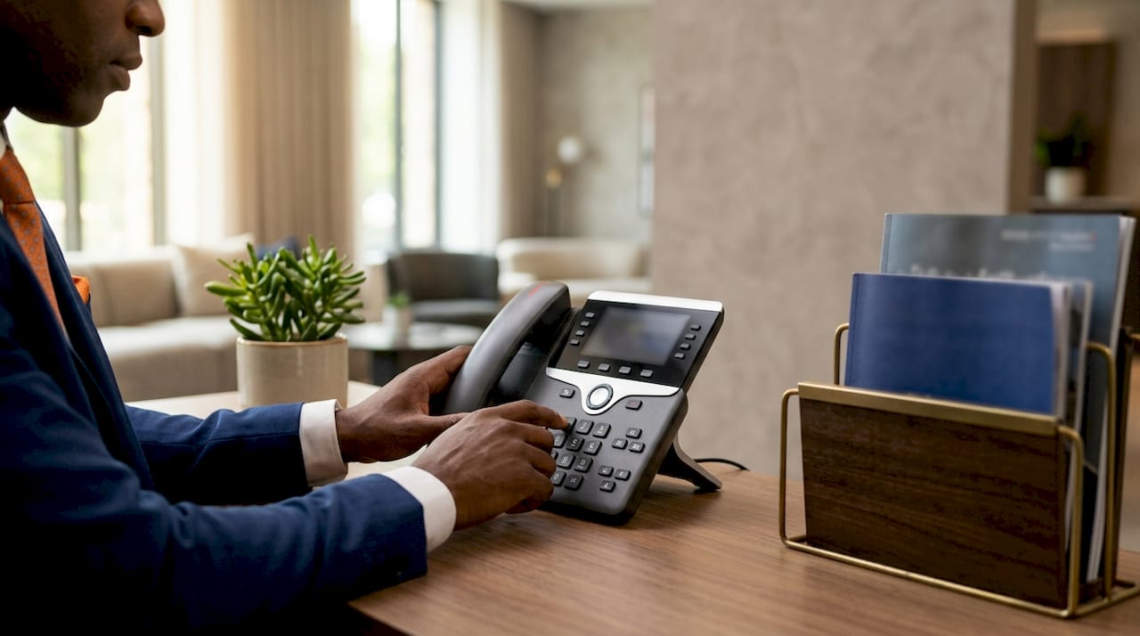 Businessman dialing business phone number