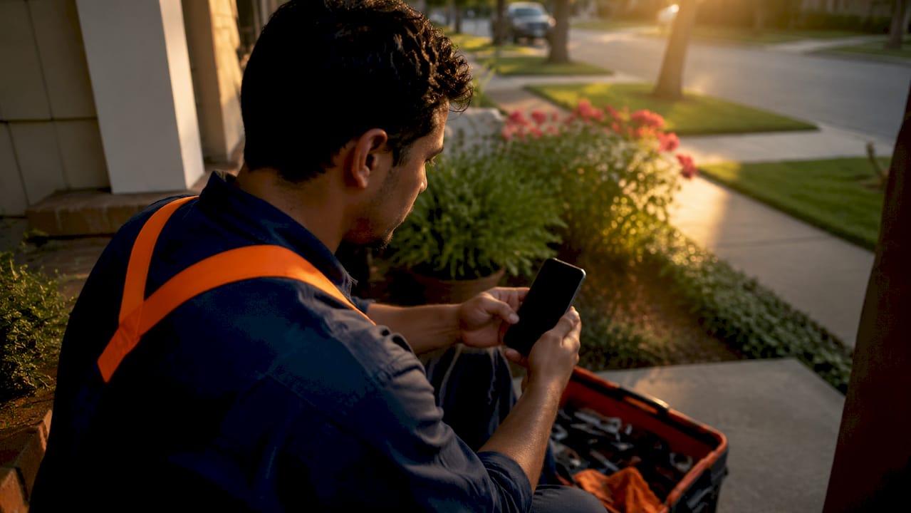 Plumber showing local business phone number on smartphone