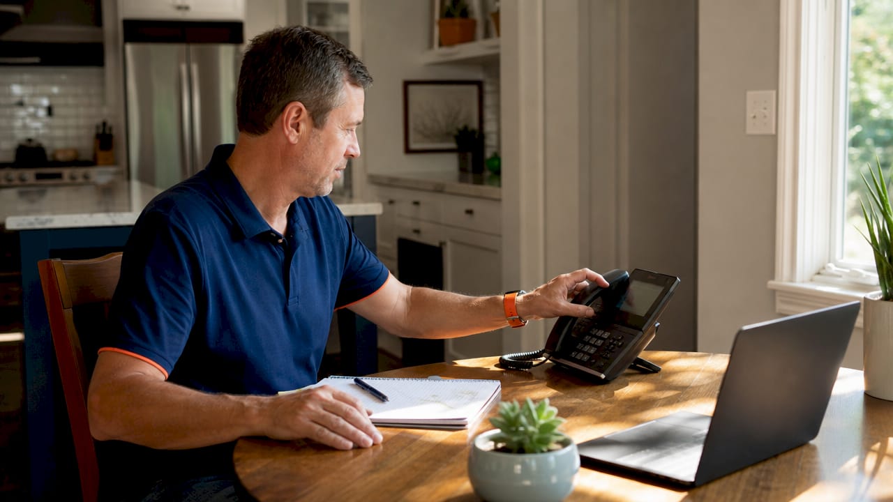 Close-up of hands adjusting home office phone system