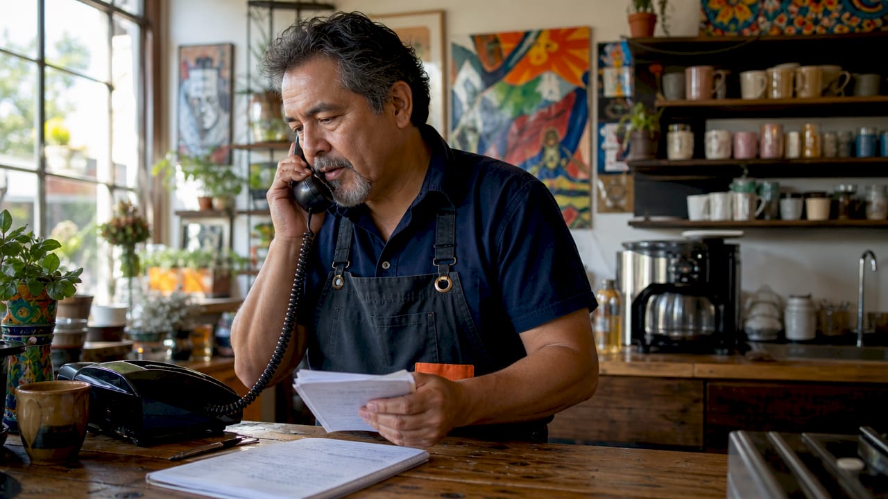 Man using corded traditional landline phone
