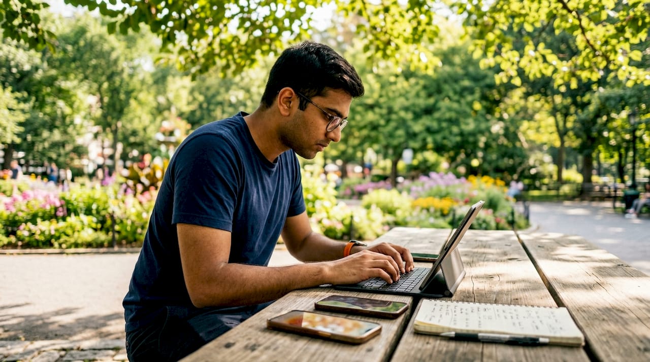 Man comparing VoIP and traditional phone costs at office