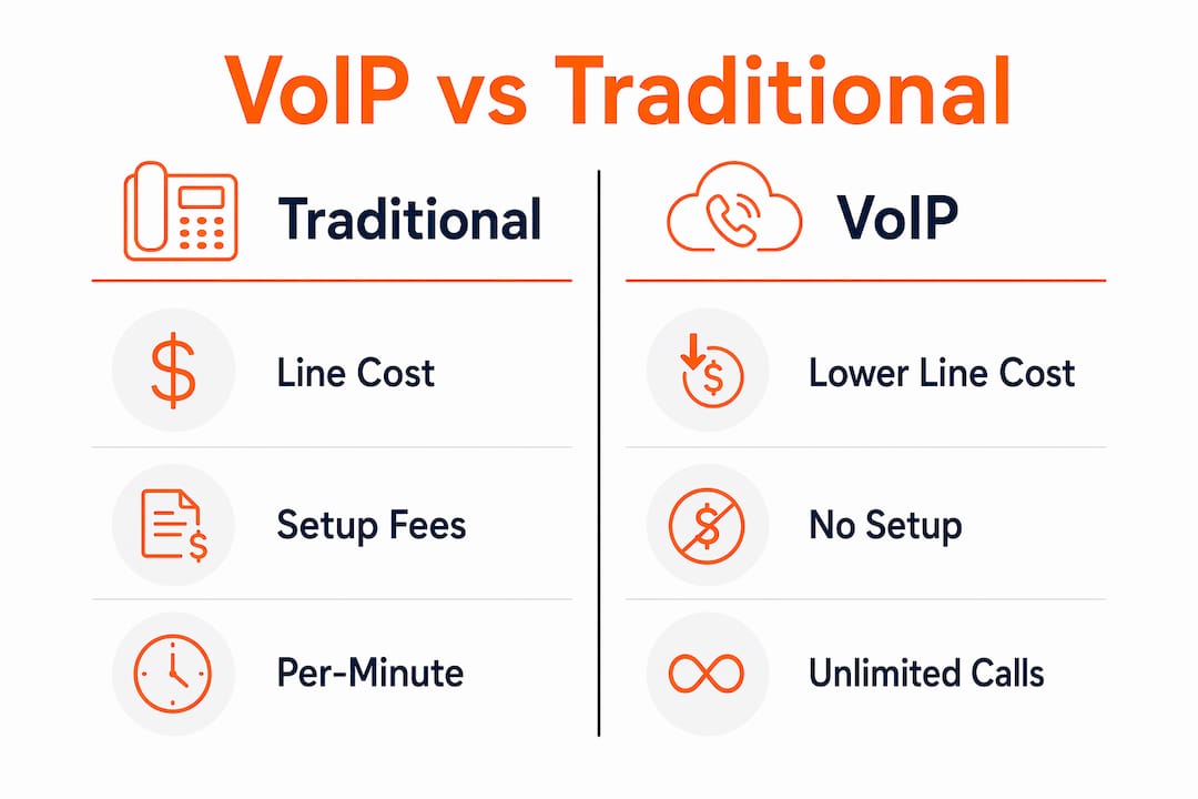 Infographic comparing VoIP and traditional phone system costs