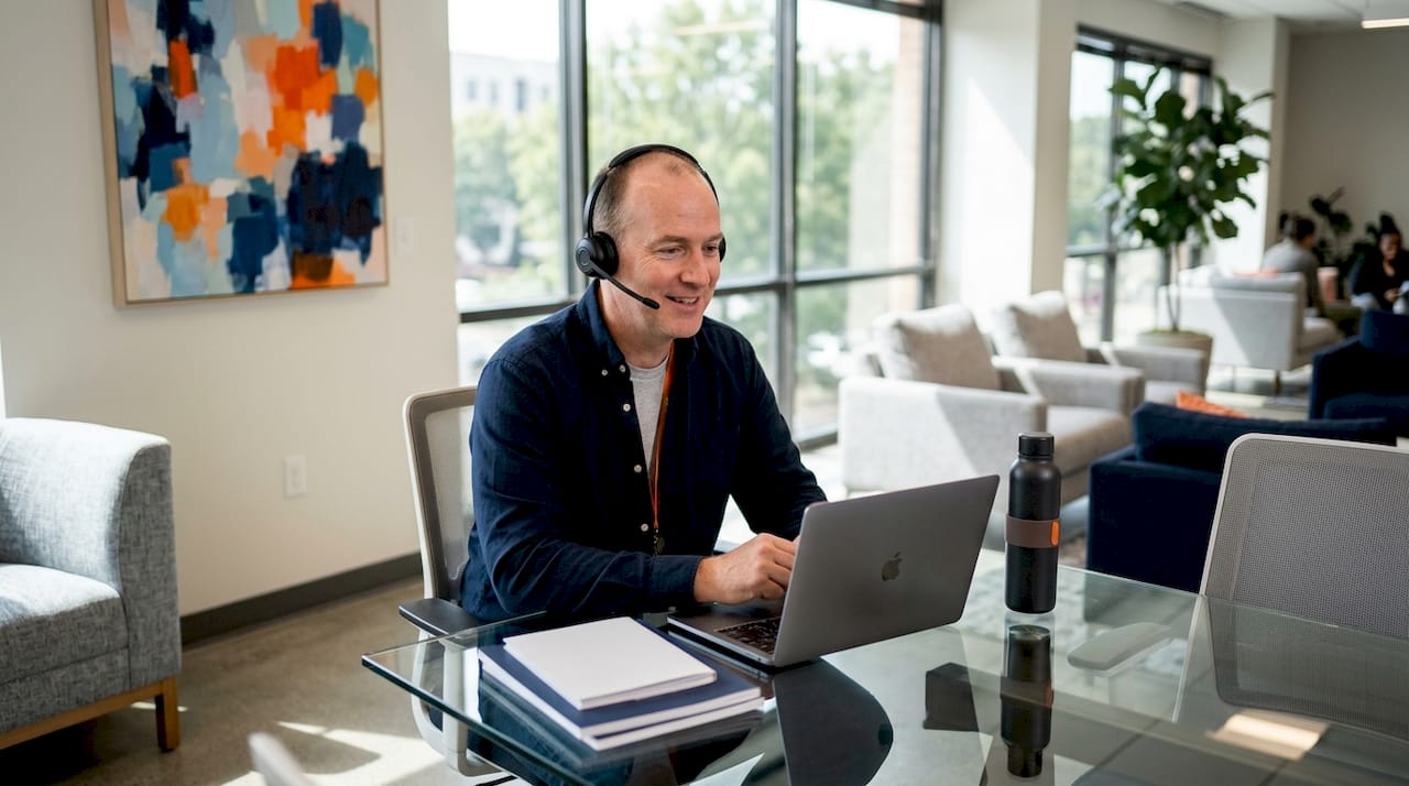 Customer support agent with headset greeting caller