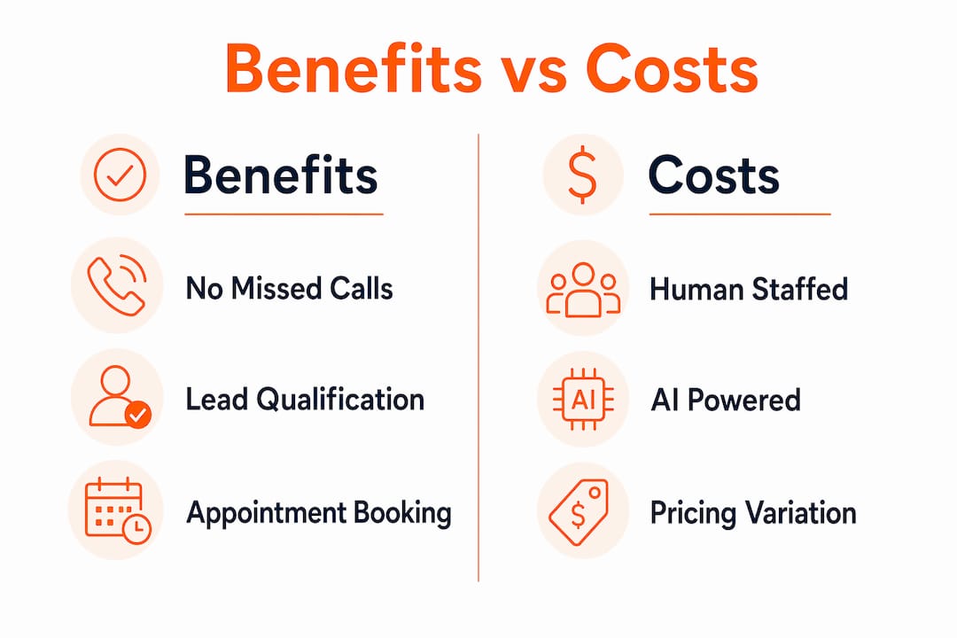 Infographic comparing benefits and costs of virtual receptionists