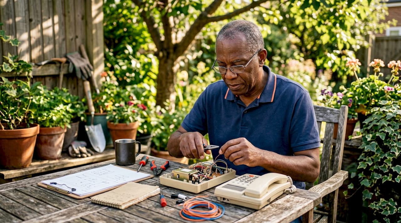 Technician repairing legacy phone system hardware