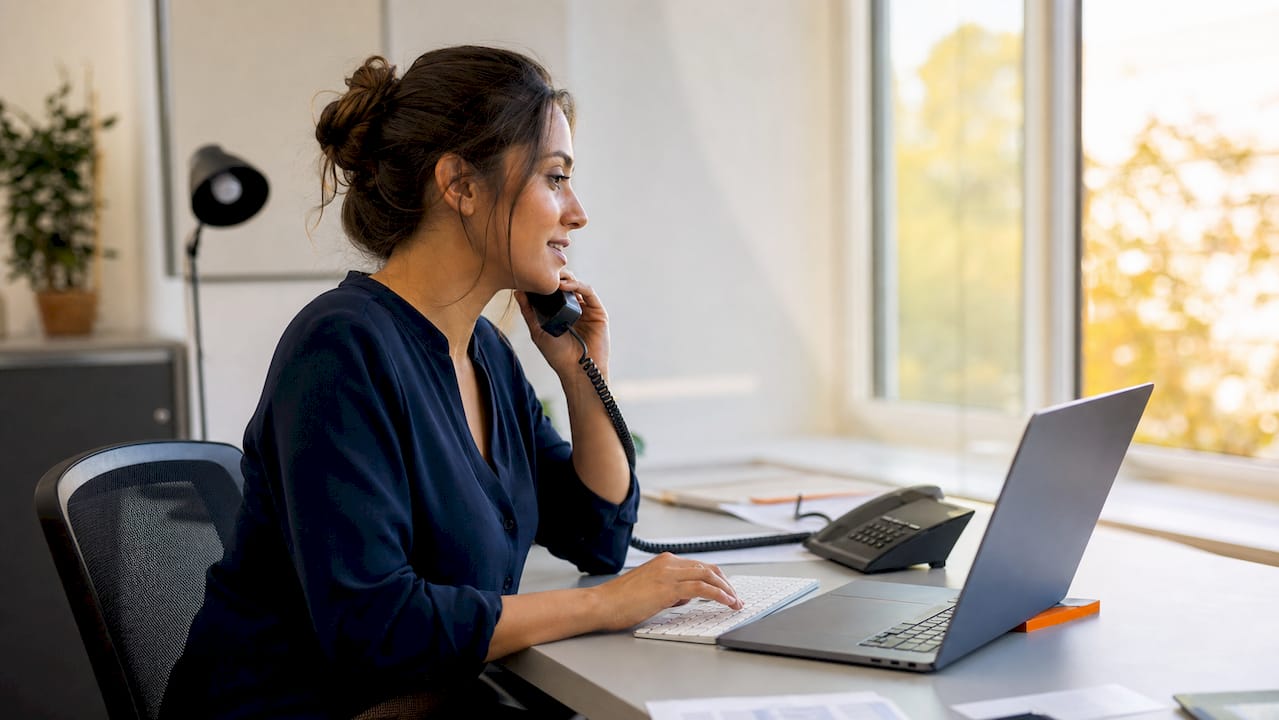 Hands typing quietly next to muted phone on desk