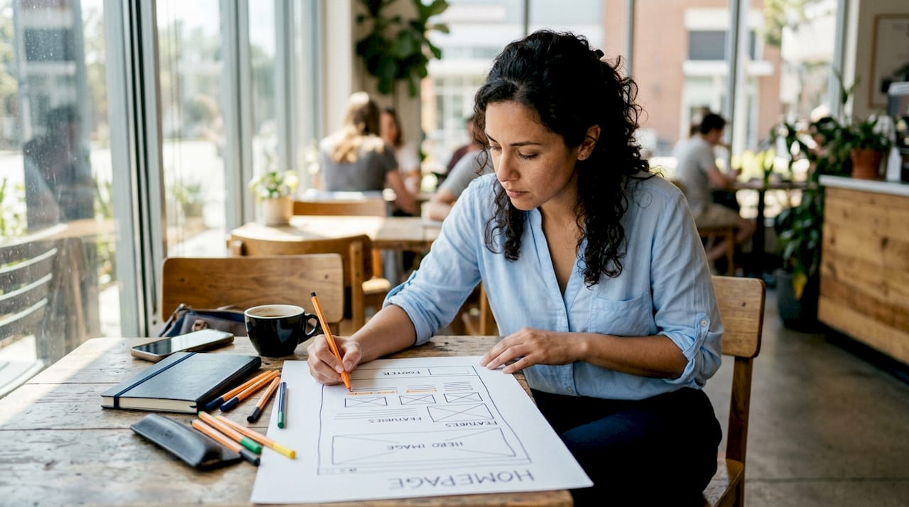 Designer sketching homepage wireframe