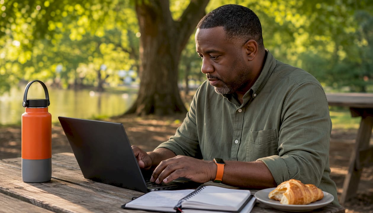 Man managing phone number reputation on laptop