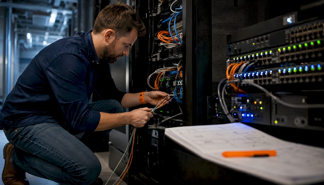 Technician managing network cables and VoIP equipment
