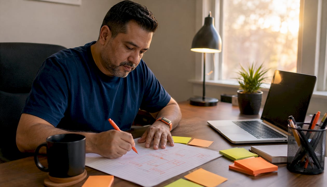 Man planning call extension routing in home office