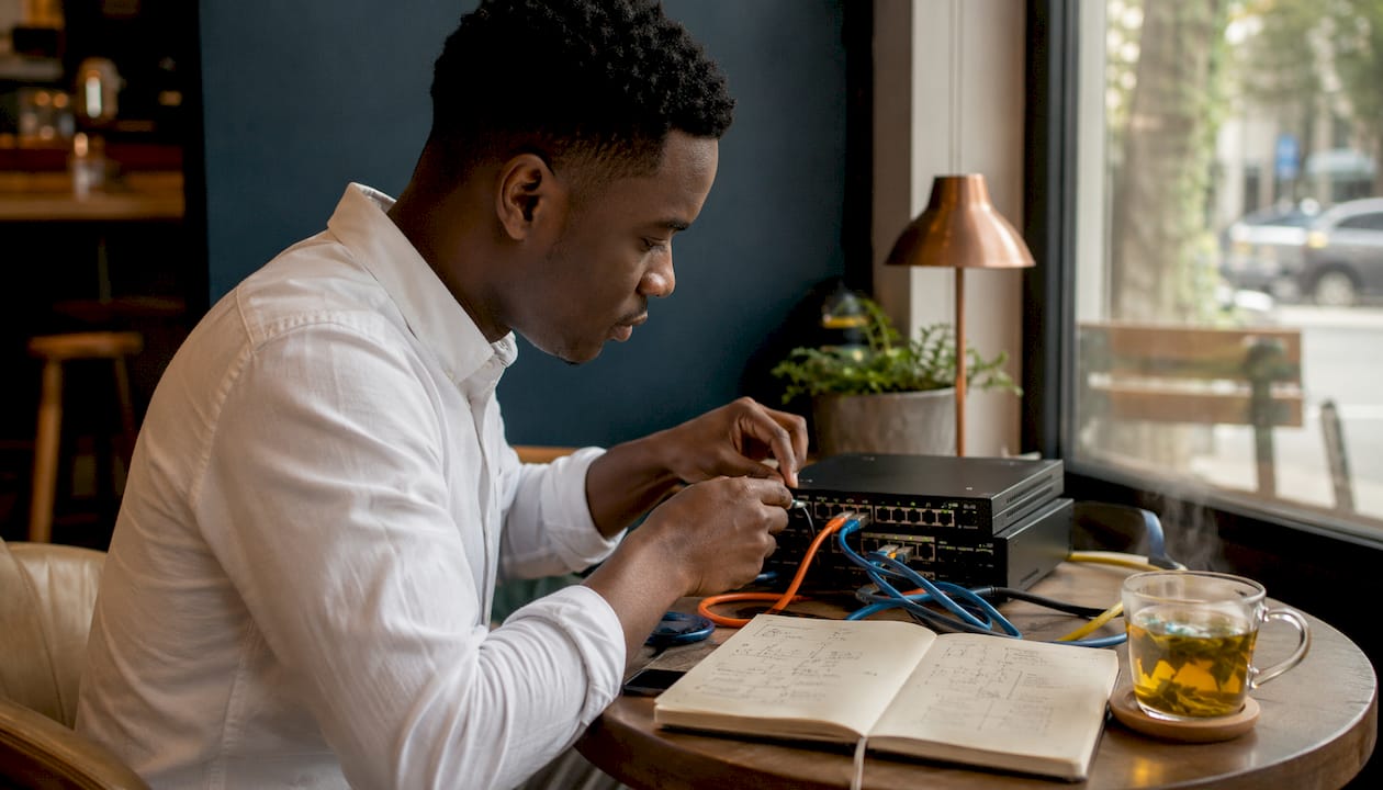 Engineer testing telecom hardware at desk
