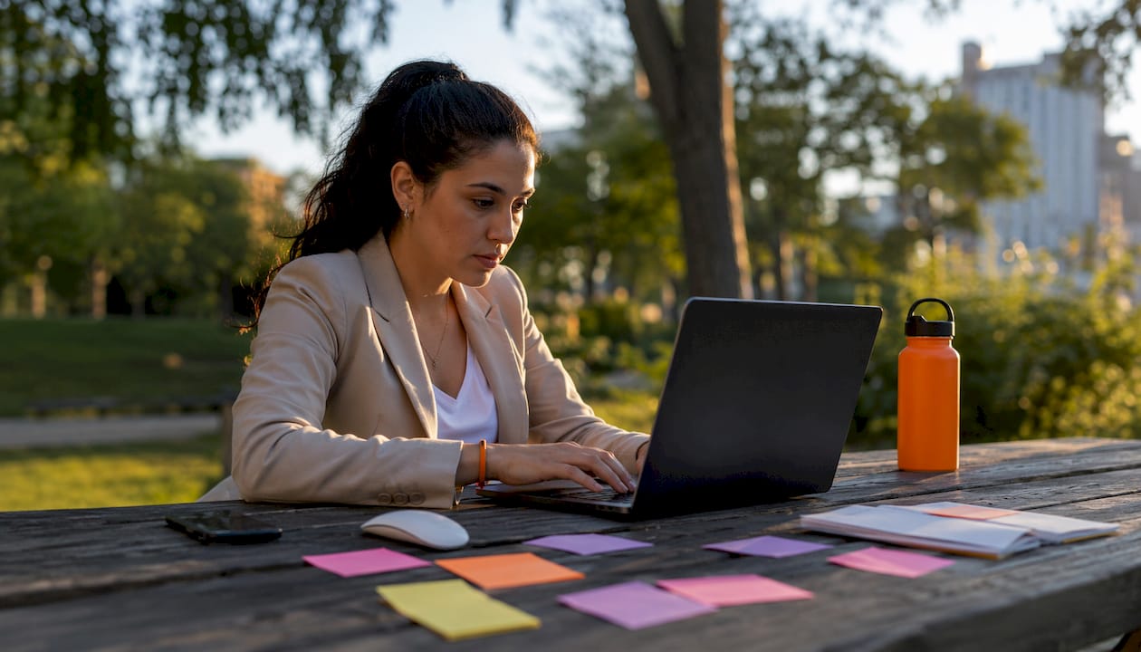 Marketing professional tracking phone campaigns on laptop